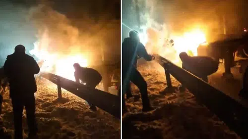 Sivas karayolunda tır yangınına elleriyle kar attılar!